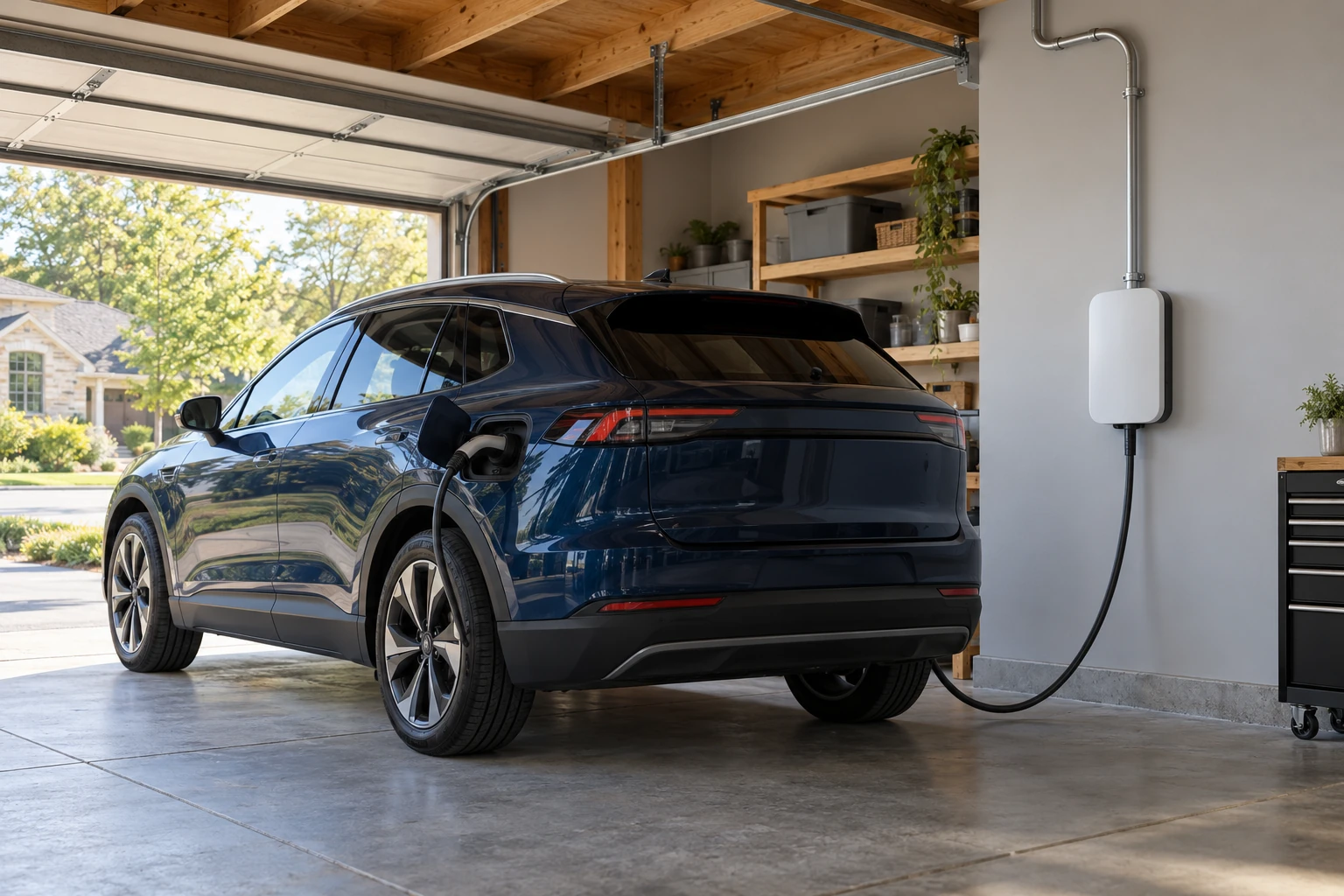 Illustration of a wall-mounted home EV charger beside an electric vehicle in a garage